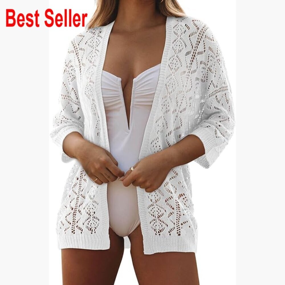 Crochet Cardigan Sweater 3/4 Sleeve Open Front Lightweight Coverup